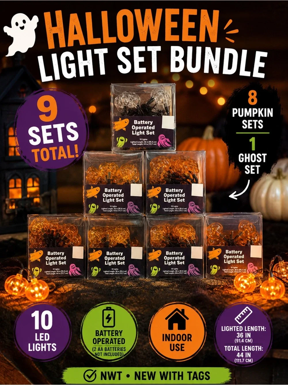 Halloween Battery Operated Pumpkin & Ghost Light Set Bundle 9pc NWT